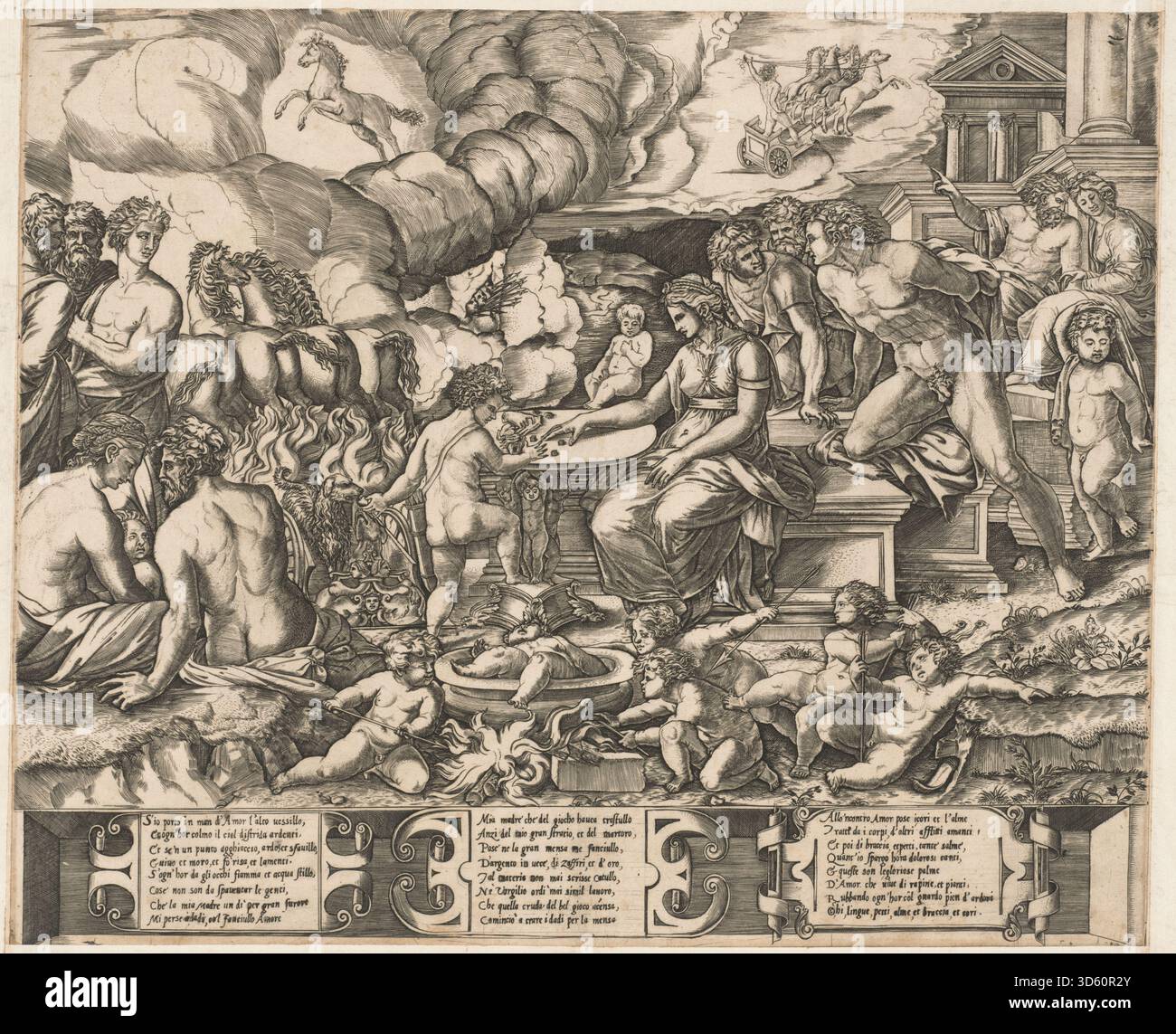 Dieser um 1540 entstandene Kupferstich aus der Schule von Marcantonio Raimondi, nach Baccio Bandinelli, zeigt die Allegorie der Liebe, zeigt Figuren, symbolische Gesten und Komposition aus der Renaissance, die mythologische Themen betont. Stockfoto