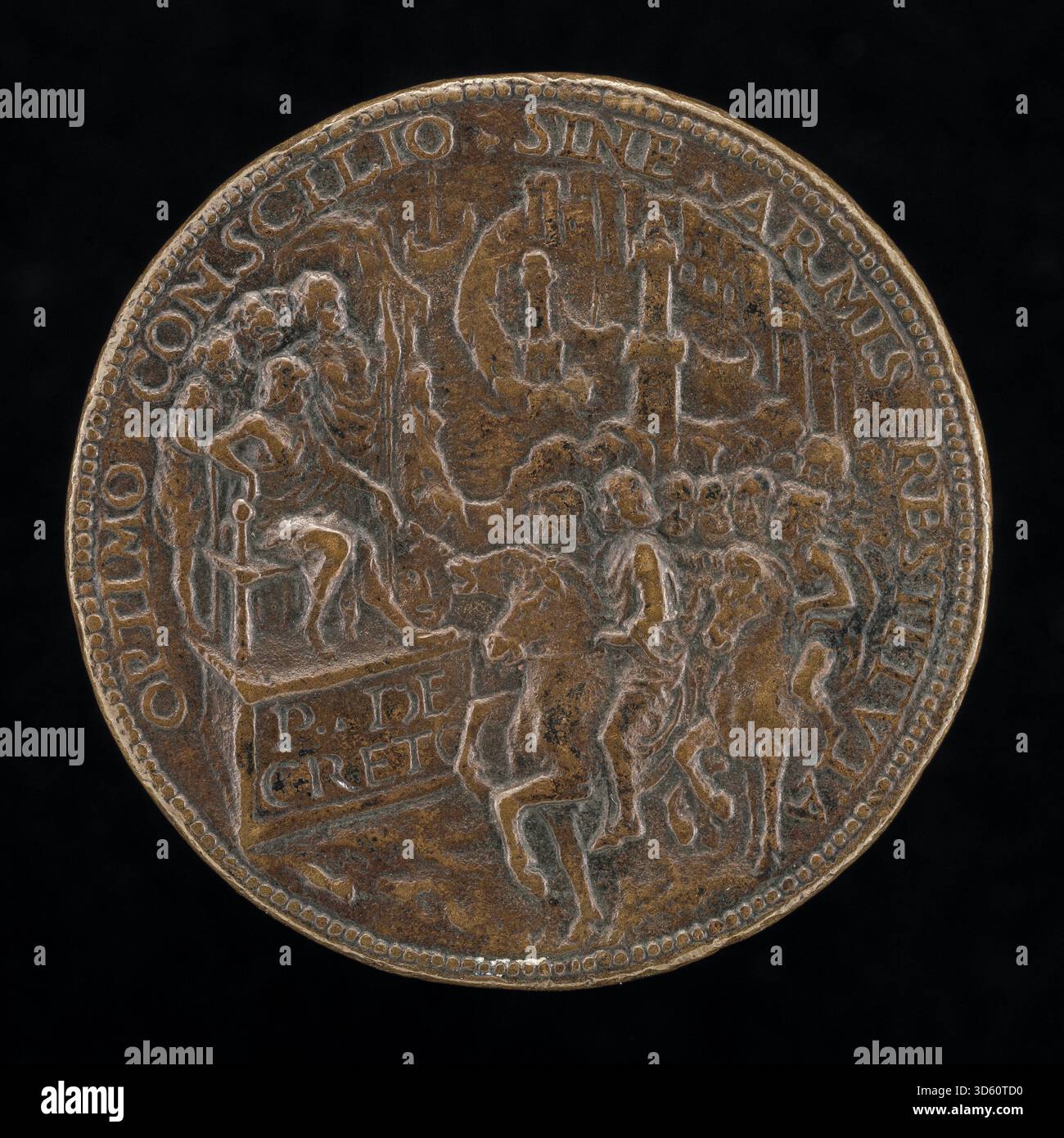 Diese umgekehrte Medaille von Caradosso Foppa, um 1488, zeigt den Dogen von Genua, zeigt ein Profilporträt, Inschriften und Kunsthandwerk der Renaissance-Medaillen. Stockfoto
