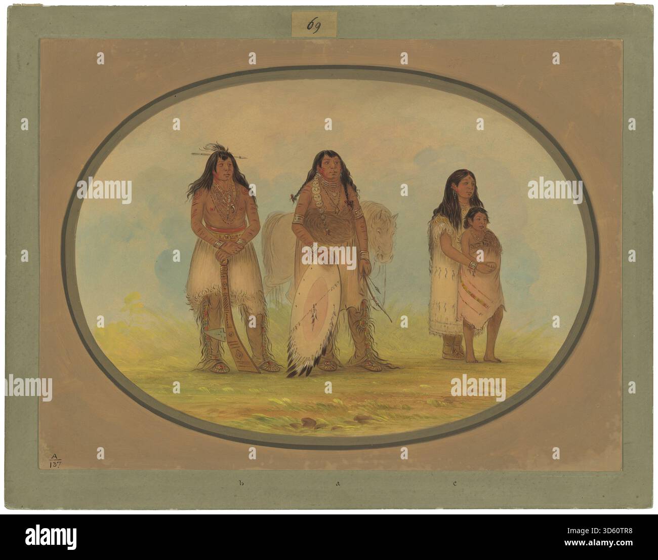 Ein Gemälde von George Catlin, das vier Kiowa-Individuen zeigt und traditionelle Kleidung, Frisuren und kulturelle Details veranschaulicht. Das Werk spiegelt Porträts der amerikanischen Ureinwohner und ethnographische Beobachtungen der Mitte des 19. Jahrhunderts wider. Stockfoto
