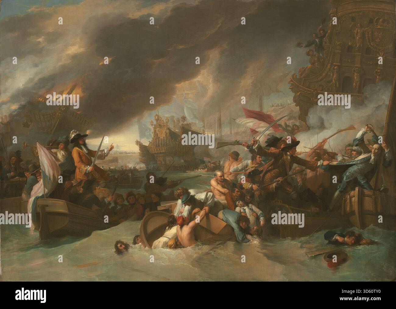 Öl auf Leinwand Gemälde von Benjamin West, das die Schlacht von La Hogue um 1778 zeigt, zeigt Marineschiffe, Rauch, Soldaten und den Seekrieg des späten 18. Jahrhunderts. Stockfoto