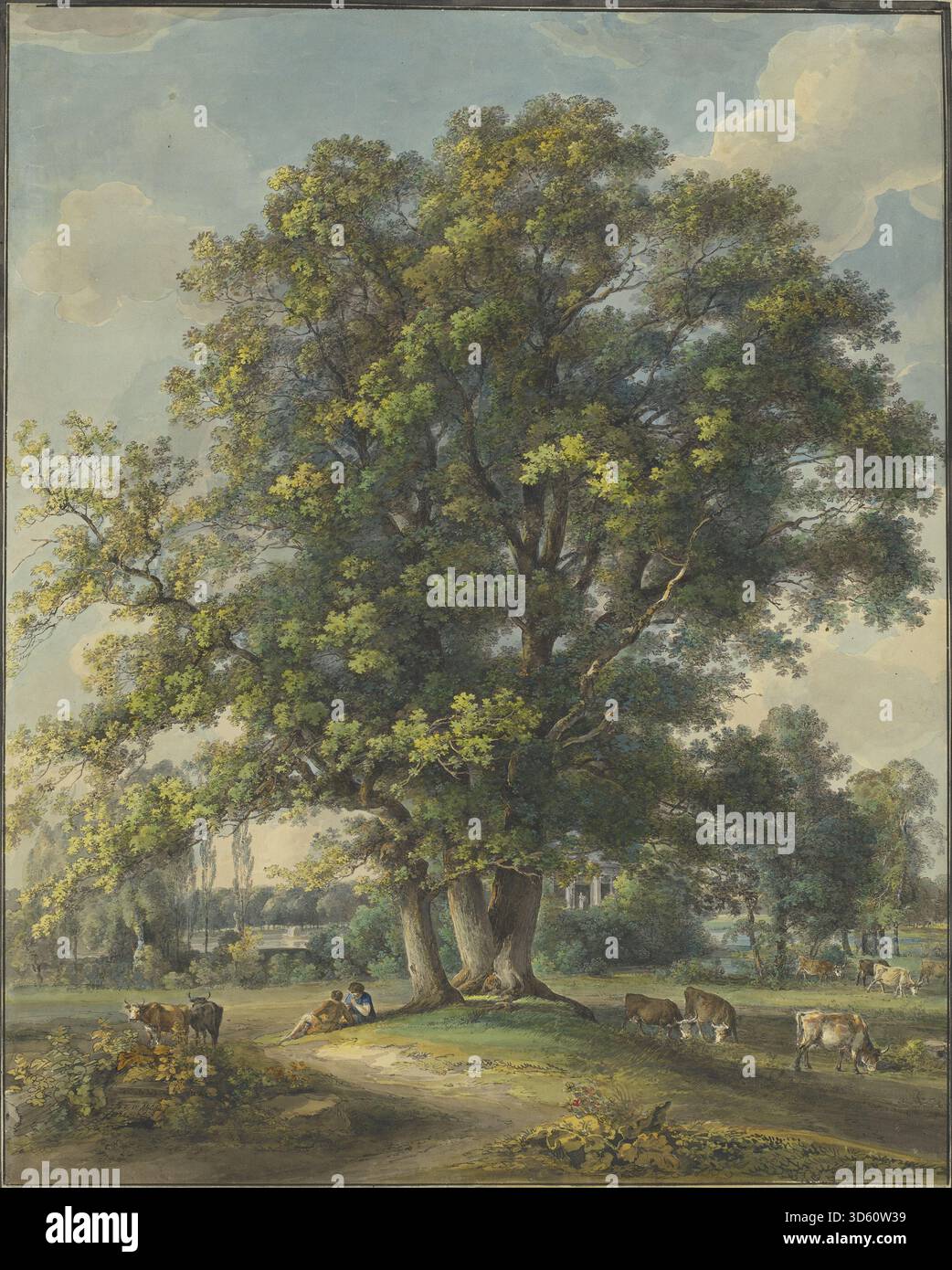 Ein Landschaftsgemälde von Johann Georg von Dillis, entstanden zwischen 1790 und 1800, das eine arkadische Szene mit Figuren in pastoraler Umgebung darstellt, die klassische ideale der Harmonie und der Natur zum Ausdruck bringt. Stockfoto