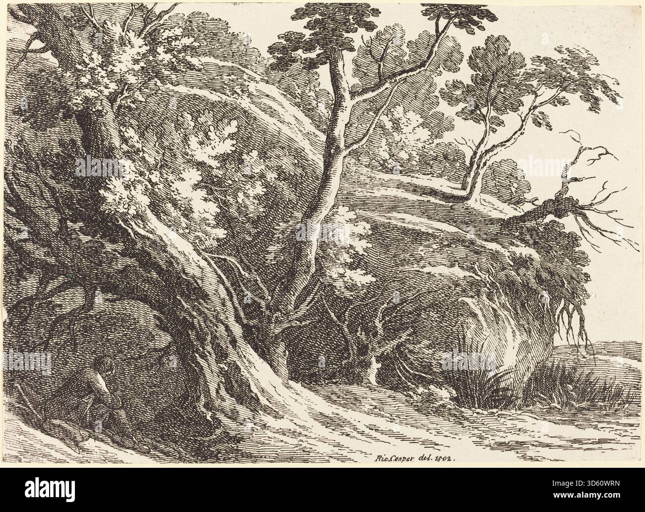 Eine Landschaft von Richard Cooper II aus dem Jahr 1802 mit großen Bäumen, offenem Land, Himmel, naturalistischer Komposition und dem Zusammenspiel von Licht und Schatten über das Laub und Gelände. Stockfoto