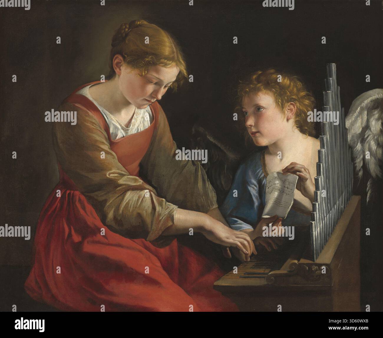 Gemälde von Orazio Gentileschi und Giovanni Lanfranco, das die Heilige Cäilia mit einem Engel zwischen 1617 und 1618 und 1621–1627 zeigt und musikalische Hingabe, Gesten und barocke Stilelemente in einer sakralen Szene darstellt. Stockfoto