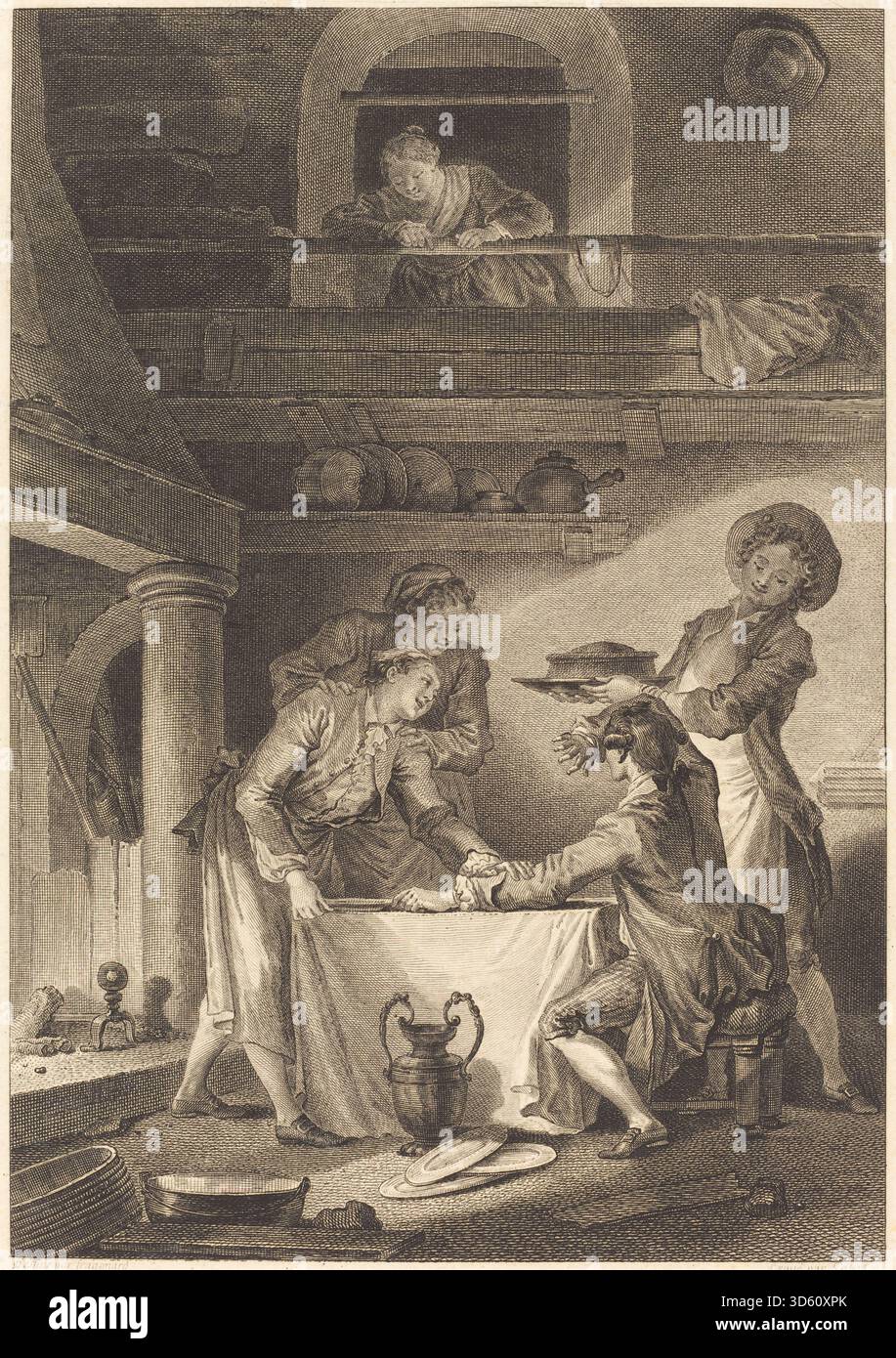Kupferstich von Charles Emmanuel Patas nach Jean Honoré Fragonard mit einer Szene, die von den Fabeln des französischen Schriftstellers Jean de La Fontaine inspiriert ist, der 1621 in Château-Thierry geboren und 1695 in Paris starb. Das Kunstwerk spiegelt den narrativen und künstlerischen Stil der französischen Illustration des 18. Jahrhunderts wider und zeigt Charaktere und Elemente aus La Fontaines Literatur. Stockfoto