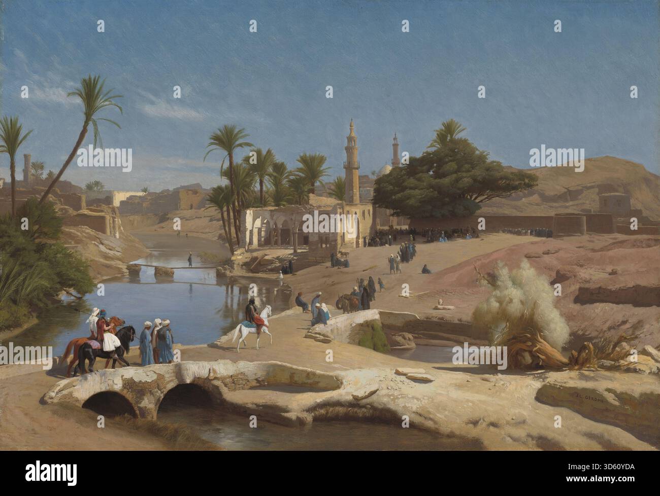 Ein Gemälde von Jean Léon Gérôme um 1868–1870, das Medinet El-Fayoum zeigt und Landschaft, Architektur, Figuren, natürliche Umgebung, und detaillierte kompositorische Elemente des ägyptischen Setting. Stockfoto
