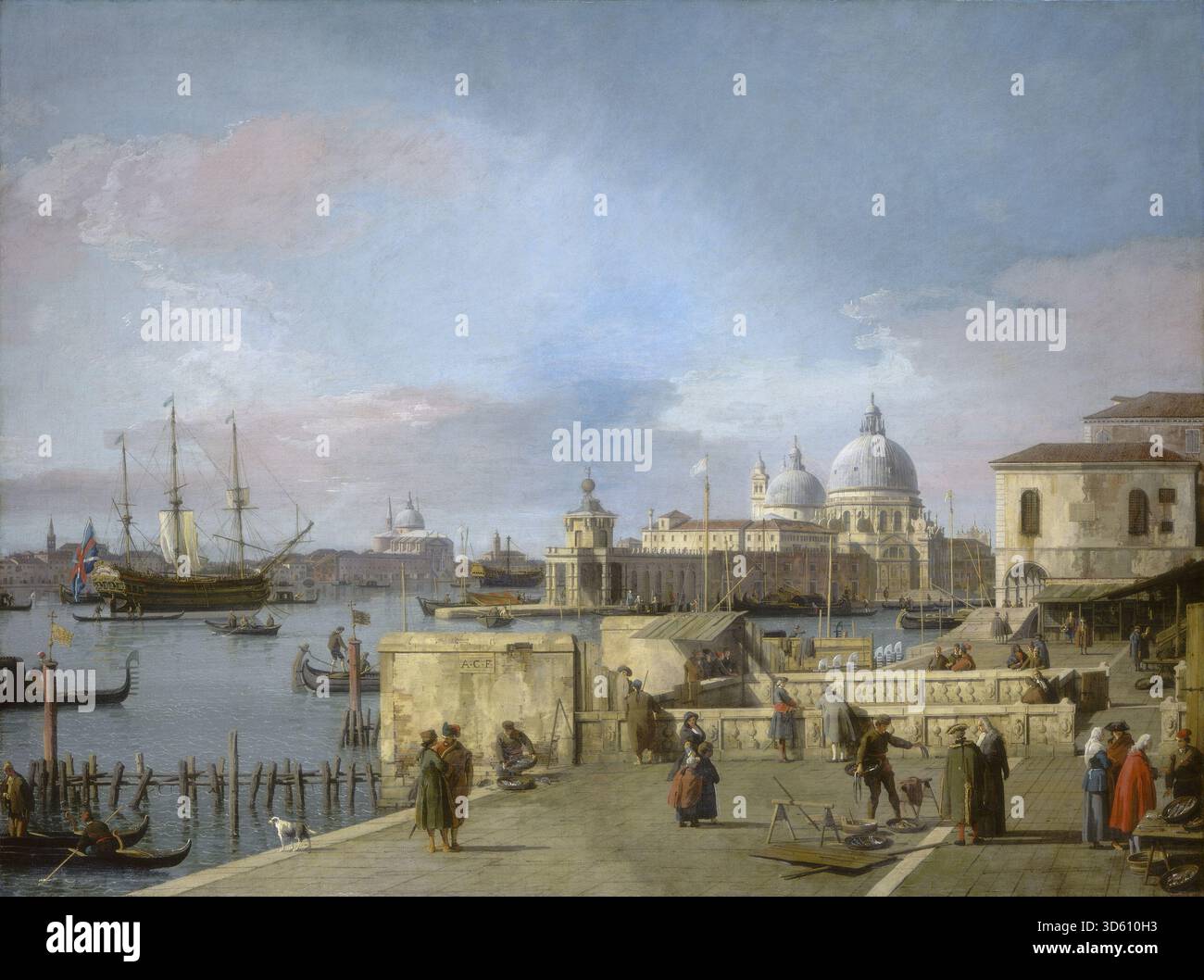 Canalettos „Eingang zum Canal Grande vom Molo, Venedig“, gemalt 1742-1744, zeigt den Kanaleingang mit Gebäuden, Booten und Figuren und betont die architektonische Perspektive und das venezianische Stadtleben. Stockfoto
