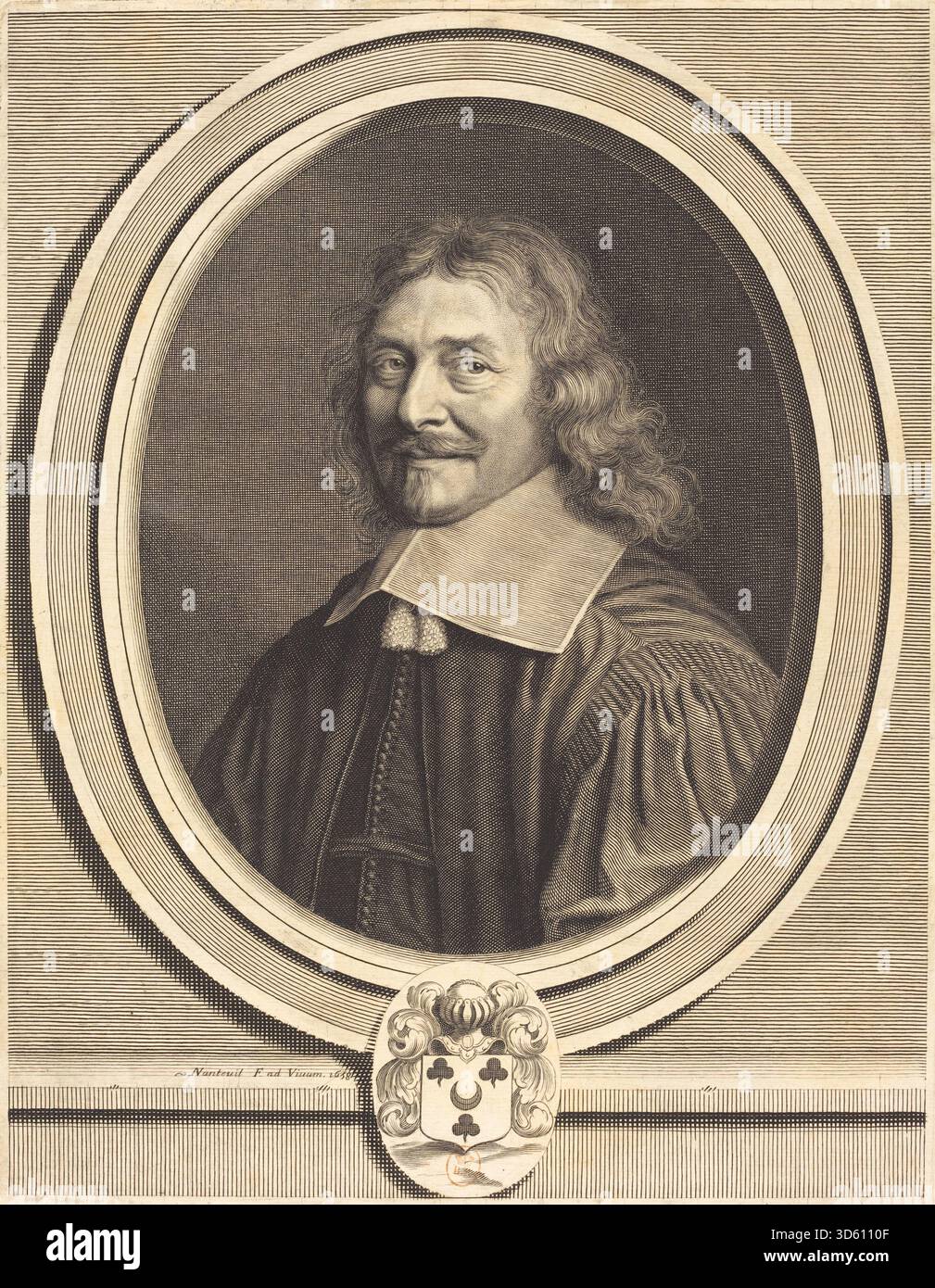 Ein Porträt von Robert Nanteuil aus dem Jahr 1658 mit Simon Dreux d'Aubray, das Gesichtszüge, Frisur, Kleidung, Haltung, und feine gravierte Details. Stockfoto