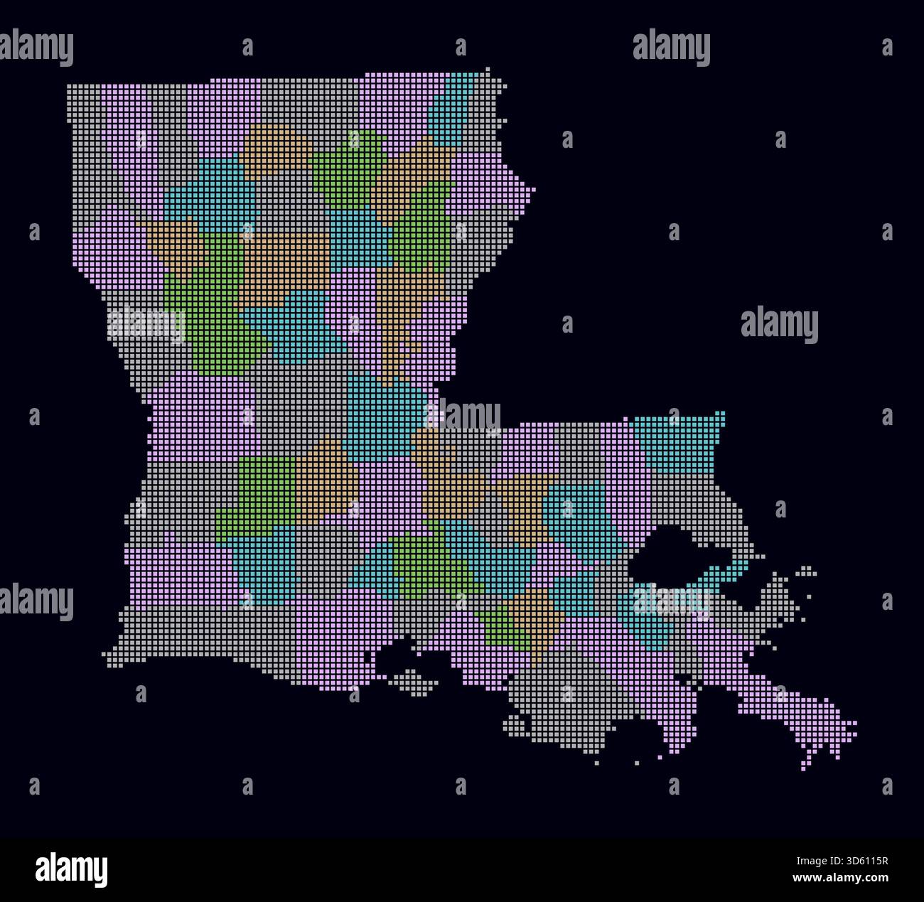 Gepunktete Karte von Louisiana. Digitale Stilkarte des Status auf dunklem Hintergrund. Louisiana-Form mit quadratischen Punkten. Farbige Punkte. Kleine Quadrate. Stock Vektor