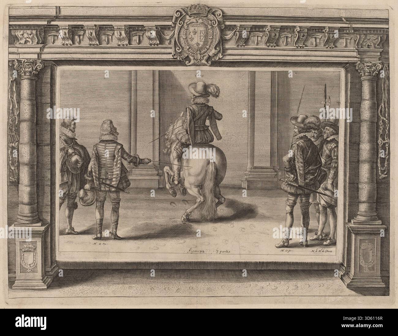 Ein Stich von Crispijn de Passe II. Aus dem Jahr 1625, der Ludwig XIII. Auf dem Pferd zeigt, wie er Anweisungen erhält, und zeigt den König, seine Begleiter, sein Pferd, Gesten, Kleidung und Landschaft im Freien. Stockfoto