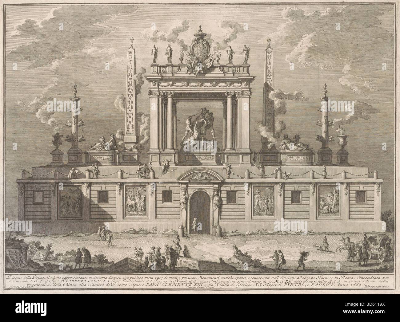 Zeigt die Prima Macchina für die Chinea von 1762 mit dem Farnesischen Stier und anderen Antiquitäten aus dem Palazzo Farnese, graviert von Giuseppe Vasi nach Giuseppe Palazzi und Paolo Posi, mit Skulpturen, klassischen architektonischen Elementen und Festivaldekoration in italienischer Illustration des 18. Jahrhunderts. Stockfoto