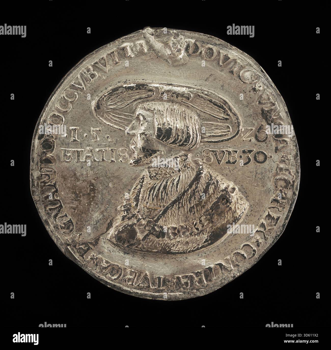 Diese deutsche Münze oder Medaille aus dem 16. Jahrhundert zeigt Ludwig II., König von Ungarn und Böhmen (1506–1526), auf der Vorderseite sein Profil mit detaillierter Inschrift und königlichen Inschriften, charakteristisch für die numismatische Kunst der Zeit. Stockfoto