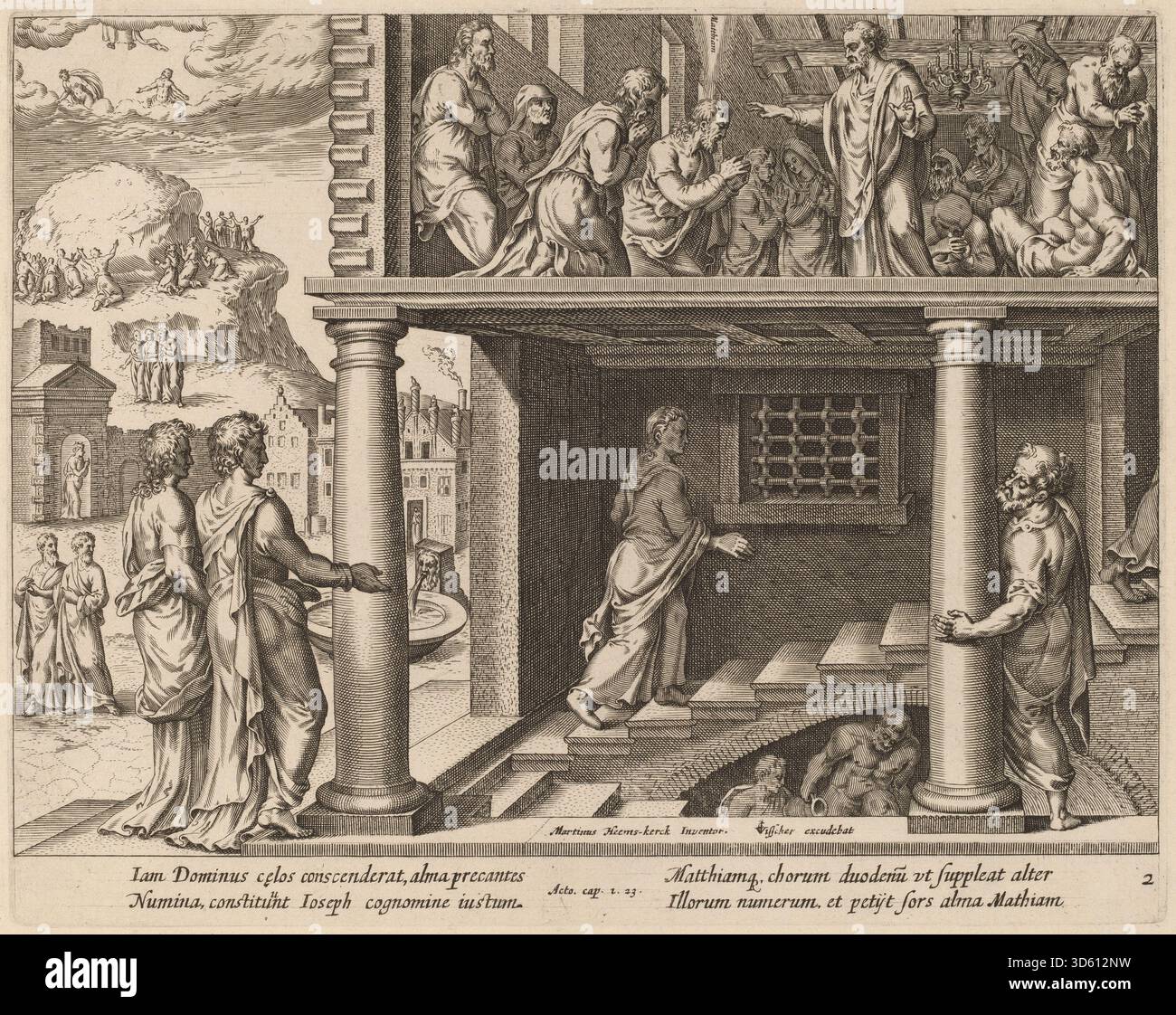 Diese Gravur zeigt die Auswahl des heiligen Matthias durch Apostel mit Figuren, Gesten, Kleidung, architektonischem Hintergrund, und eine Erzählung, die mit biblischen Ereignissen übereinstimmt. Stockfoto