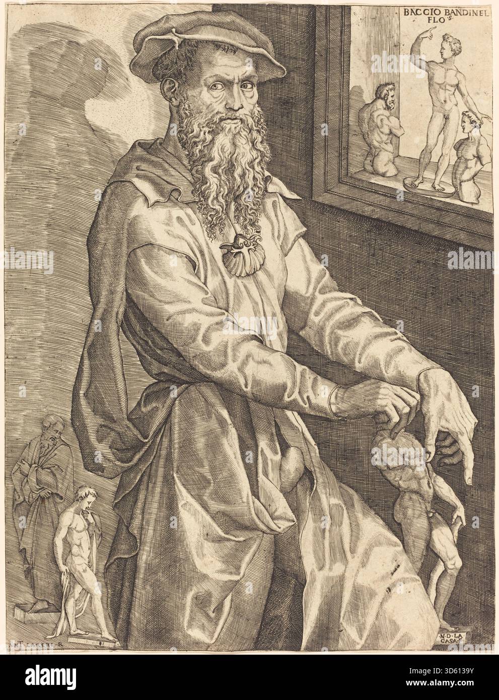 Ein Gemälde von Baccio Bandinelli von Nicolò della Casa um 1544, das detaillierte Merkmale, antike Kleidung und Komposition zeigt, die typisch für italienische Porträts aus dem 16. Jahrhundert ist. Stockfoto