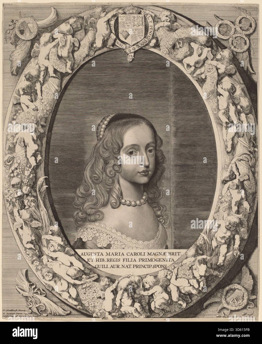 Gravur von Jonas Suyderhoff nach Gerrit van Honthorst, der Maria I. Stuart im Jahr 1643 porträtierte, wobei die historischen Kostüme, der detaillierte Gesichtsausdruck und die formalen Porträtkonventionen des 17. Jahrhunderts hervorgehoben wurden. Stockfoto