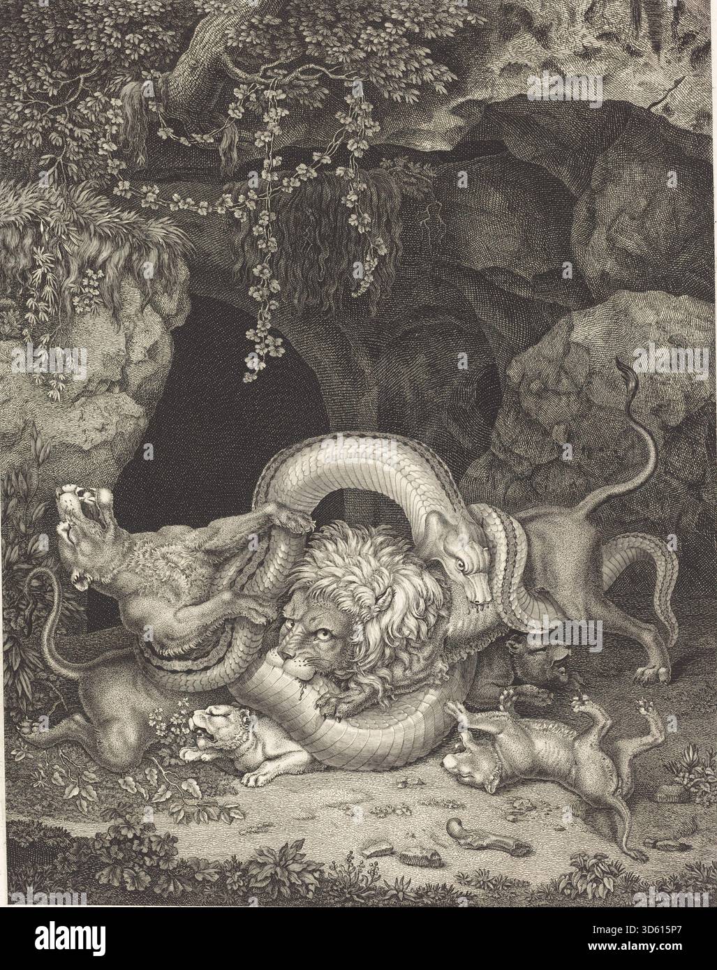 Ein Gemälde von Johann Heinrich Wilhelm Tischbein aus dem Jahr 1796, das das Tier Laocoön zeigt, zeigt dramatische Spannung, verdrehte Tierfiguren, detaillierte Anatomie und neoklassische Komposition. Stockfoto