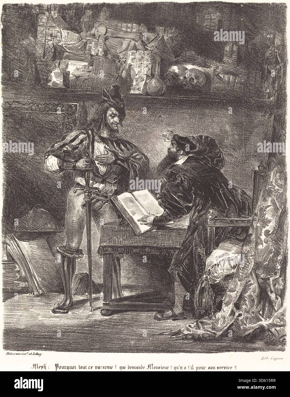 Ein Gemälde von Eugène Delacroix, das die Szene von Mephisto illustriert, die Faust erscheint, mit dramatischer Interaktion, expressiven Gesten und romantischer Erzählkomposition. Stockfoto