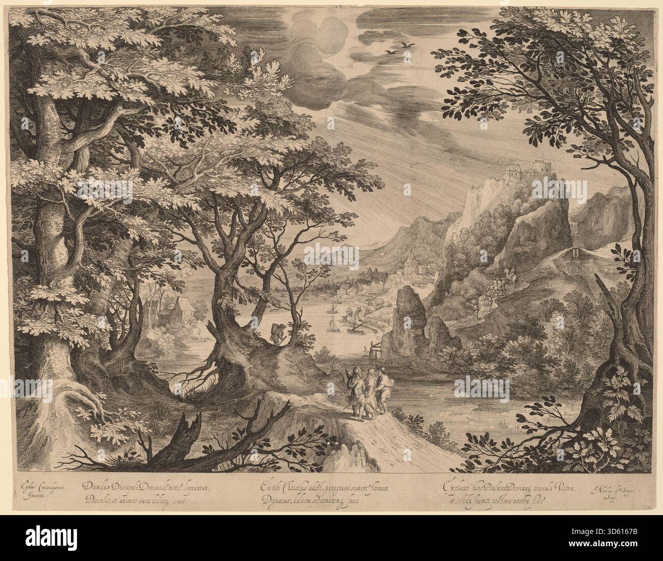 Ein Kupferstich von Nicolaes de Bruyn nach Gillis van Coninxloo III., der die Schüler auf dem Weg nach Emmaus darstellt, Figuren, Gesten, Landschaft, architektonische Details, und im nordeuropäischen Stil des späten 16. bis frühen 17. Jahrhunderts. Stockfoto