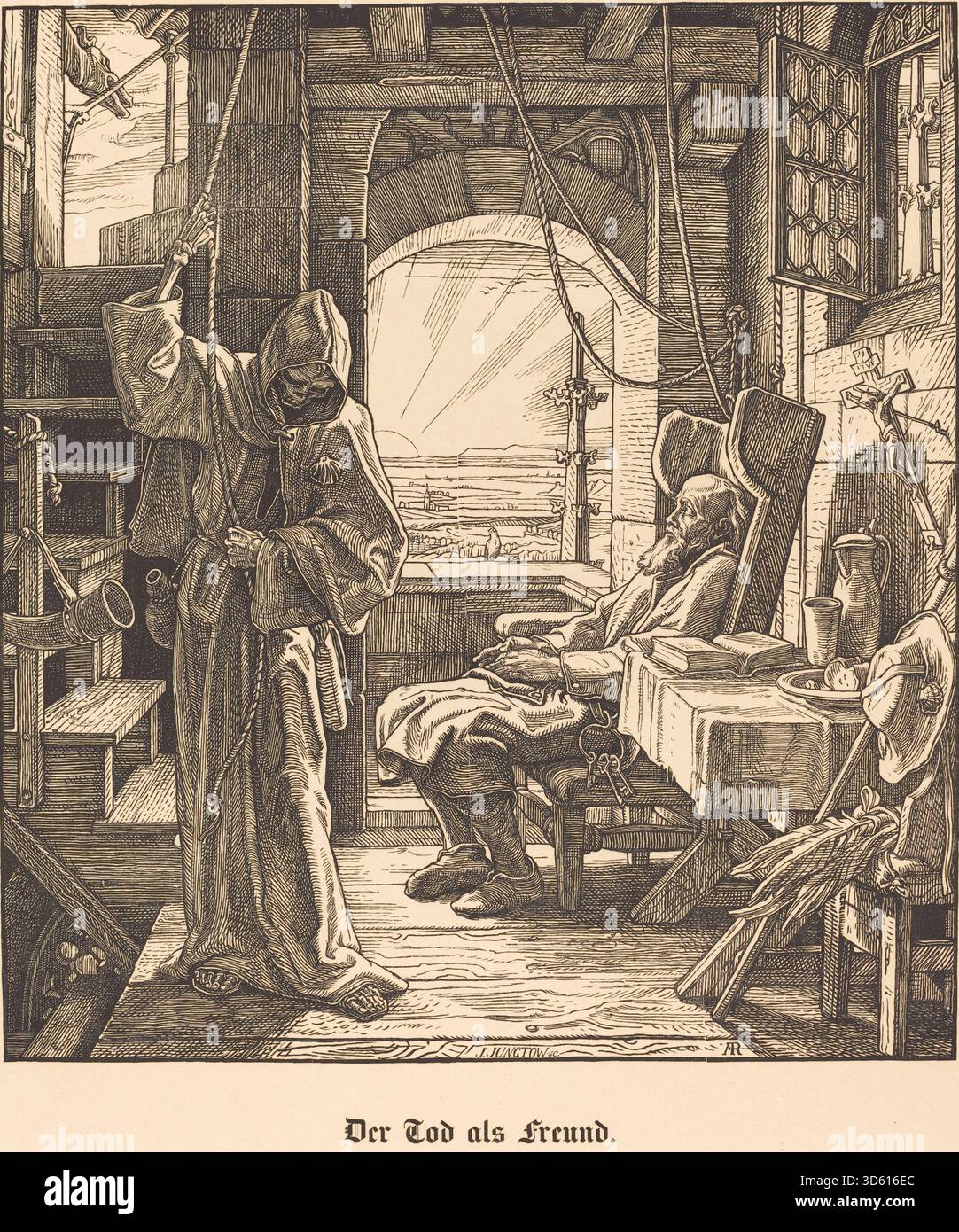 Alfred Rethels Gravur „der Tod als Freund“ aus dem Jahr 1851 zeigt den Tod als Begleiter, der mit menschlichen Figuren interagiert und expressive Gesten, detaillierte Anatomie und allegorische Erzählkomposition hervorhebt. Stockfoto