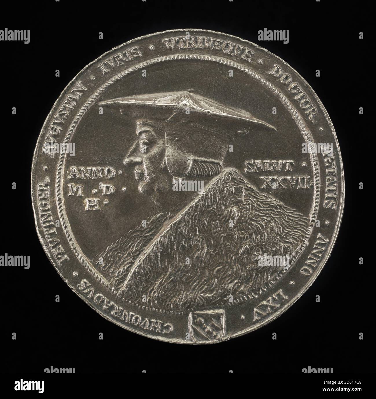 Ein Porträt von Conrad Peutinger von Friedrich Hagenauer, das den Humanist und Antiquar von 1465 bis 1547 darstellt und Gesichtszüge, wissenschaftliche Kleidung und symbolische Elemente intellektuellen Amtes zeigt. Stockfoto