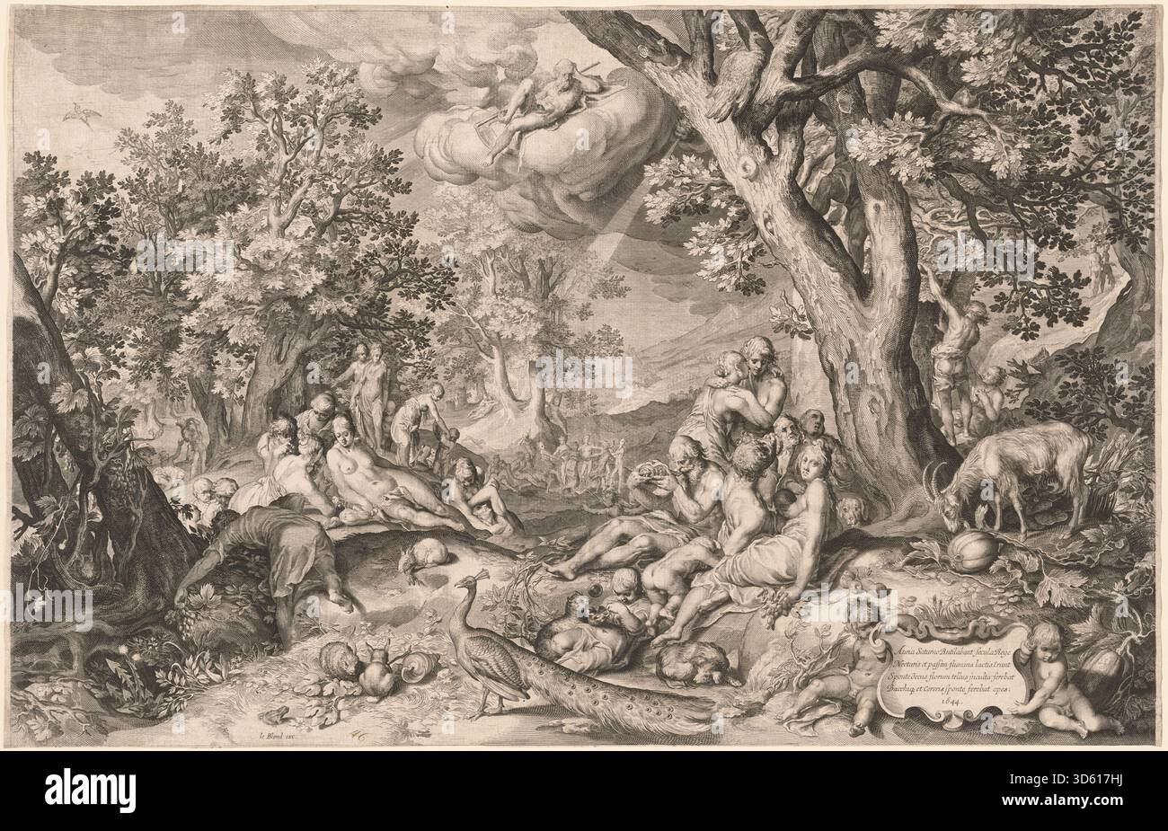 Ein niederländischer Druck aus dem 17. Jahrhundert nach Nicolaes de Bruyn und Abraham Bloemaert mit dem Titel The Golden Age, 1644, der eine allegorische Szene des Überflusses, des landwirtschaftlichen Wohlstands und des harmonischen ländlichen Lebens darstellt. Stockfoto