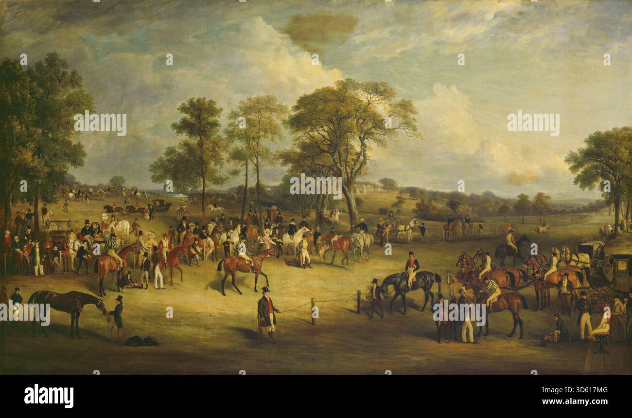 John Ferneleys Gemälde „Heaton Park Races“ aus dem Jahr 1829 zeigt Pferderennen im Heaton Park mit Jockeys, Pferden, Zuschauern und einer Landschaft. die englischen Sportszenen und die Reitkunst des frühen 19. Jahrhunderts reflektieren. Stockfoto