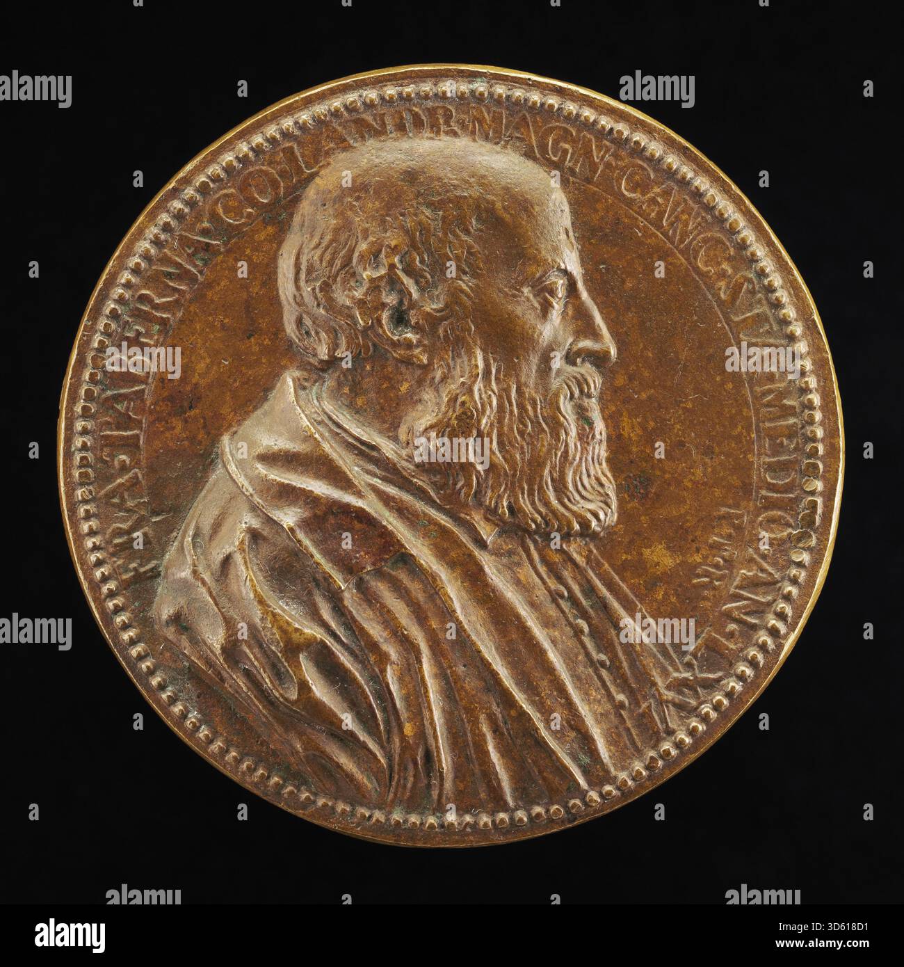 Diese Medaille von Pier Paolo Galeotti, um 1554, zeigt Francesco Taverna (1488–1560), Graf von Landriano und Mailänder JurisConsult. Das Porträt betont Kopf, Gesichtszüge, Kleidung und Abzeichen und spiegelt die Konventionen der Renaissance-Porträts wider. Stockfoto