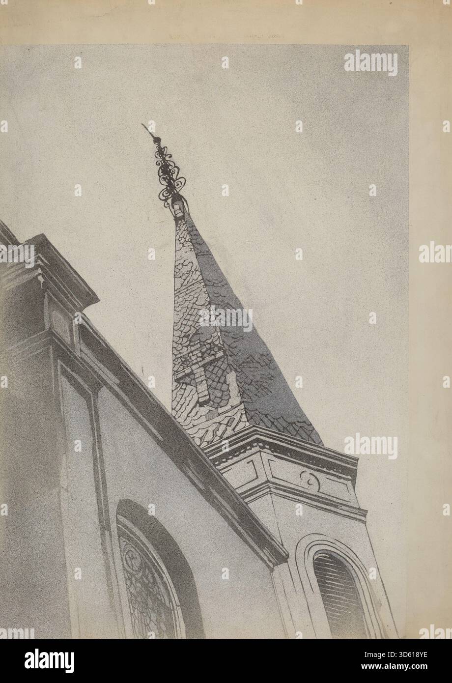 Zeigt ein schmiedeeisernes Ornament mit dekorativen Schriftrollen, symmetrischen Mustern und detaillierter Handwerkskunst, das architektonische Metalldesign aus dem Jahr 1936 veranschaulicht. Stockfoto