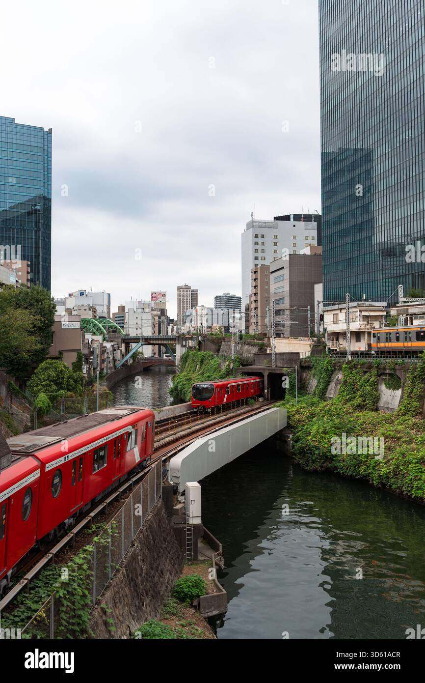 Die legendären roten Züge der Tokyo Metro Marunouchi Line steigen aus einem Tunnel auf und überqueren den Kanda River auf einer Brücke im Zentrum von Tokio. Stockfoto