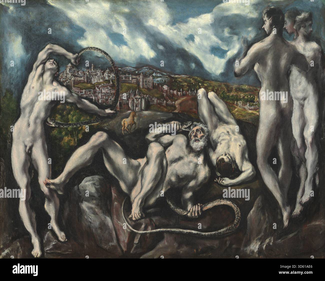 Dieses Gemälde von El Greco zeigt Laocoön und seine Söhne, die von Seeschlangen angegriffen wurden, mit dramatischen Gesten, verdrehten Figuren und intensiven Ausdrücken. Das Werk beleuchtet Komposition, Anatomie und Erzählung in der spanischen manieristischen Malerei des frühen 17. Jahrhunderts. Stockfoto