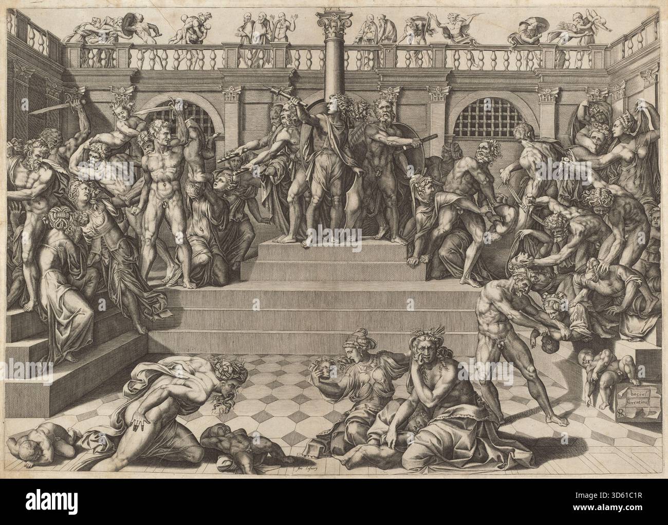 Ein Kupferstich aus den 1540er Jahren von Nicolaus Beatrizet nach Marco Dente und Baccio Bandinelli, der das Massaker an den Unschuldigen darstellt und detaillierte Figuren, Gesten und dramatische Erzählungen zeigt, die typisch für die religiöse Kunst der Renaissance sind. Stockfoto