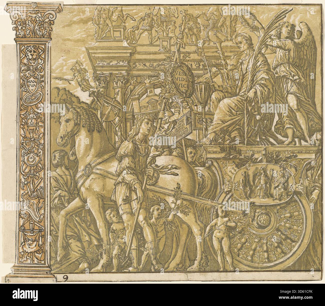 Ein 1599 erschienener Druck von Andrea Andreani nach Andrea Mantegna, der Szene 9 von „der Triumph von Julius Cäsar“ zeigt. Der Druck zeigt römische Figuren, militärische Banner, Triumphwagen und klassische architektonische Elemente. Stockfoto