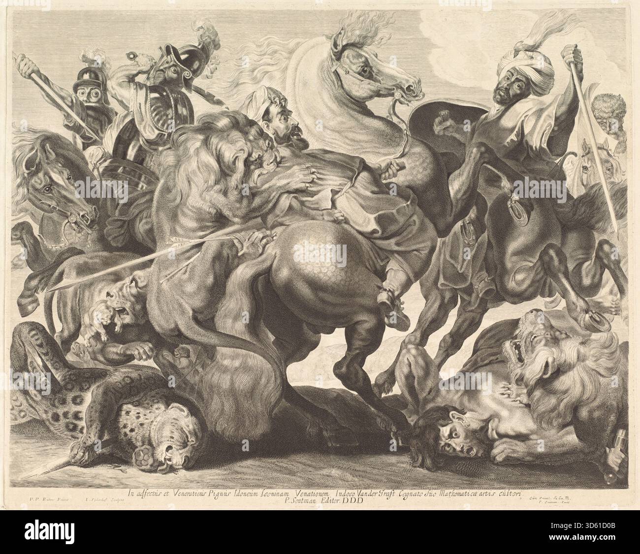 Dieser Stich von Jonas Suyderhoff reproduziert Sir Peter Paul Rubens' Gemälde „Eine Löwenjagd“ und veranschaulicht eine dynamische Jagdszene mit Löwen, Jägern, Pferden, Bewegungen und dramatischer Komposition, die typisch für Rubens Barockstil ist. Stockfoto