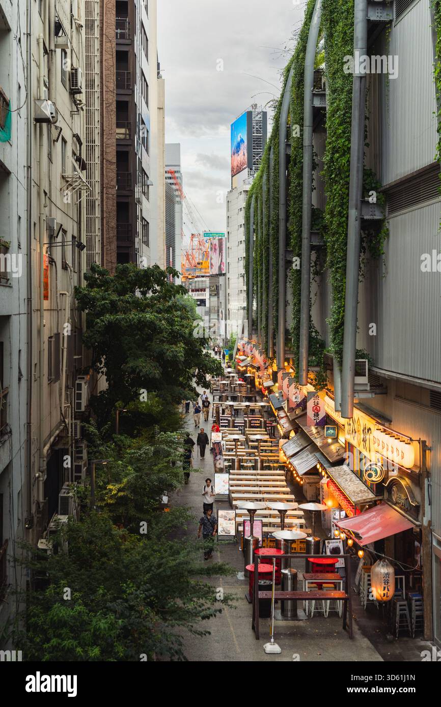 Ein vertikaler Hochwinkel-Blick auf eine lebhafte enge Yokocho-Gasse in Shibuya, Tokio, gesäumt von leuchtenden traditionellen Restaurants. Stockfoto