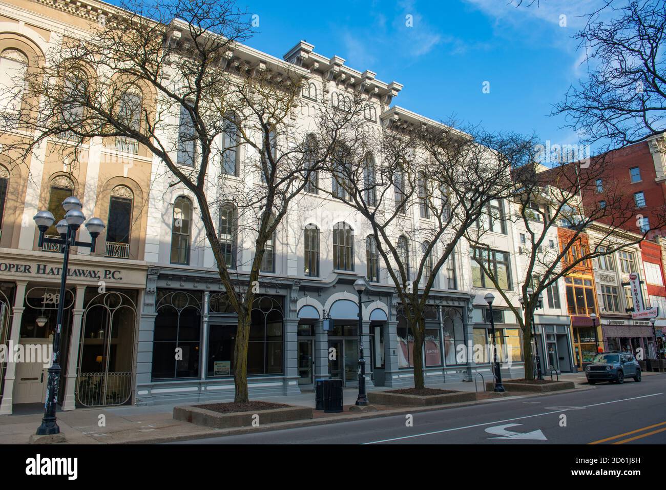 Historische Geschäftsgebäude an der S Main Street zwischen W Huron Street und W Washington Street im historischen Stadtzentrum von Ann Arbor, Michigan MI, USA. Stockfoto