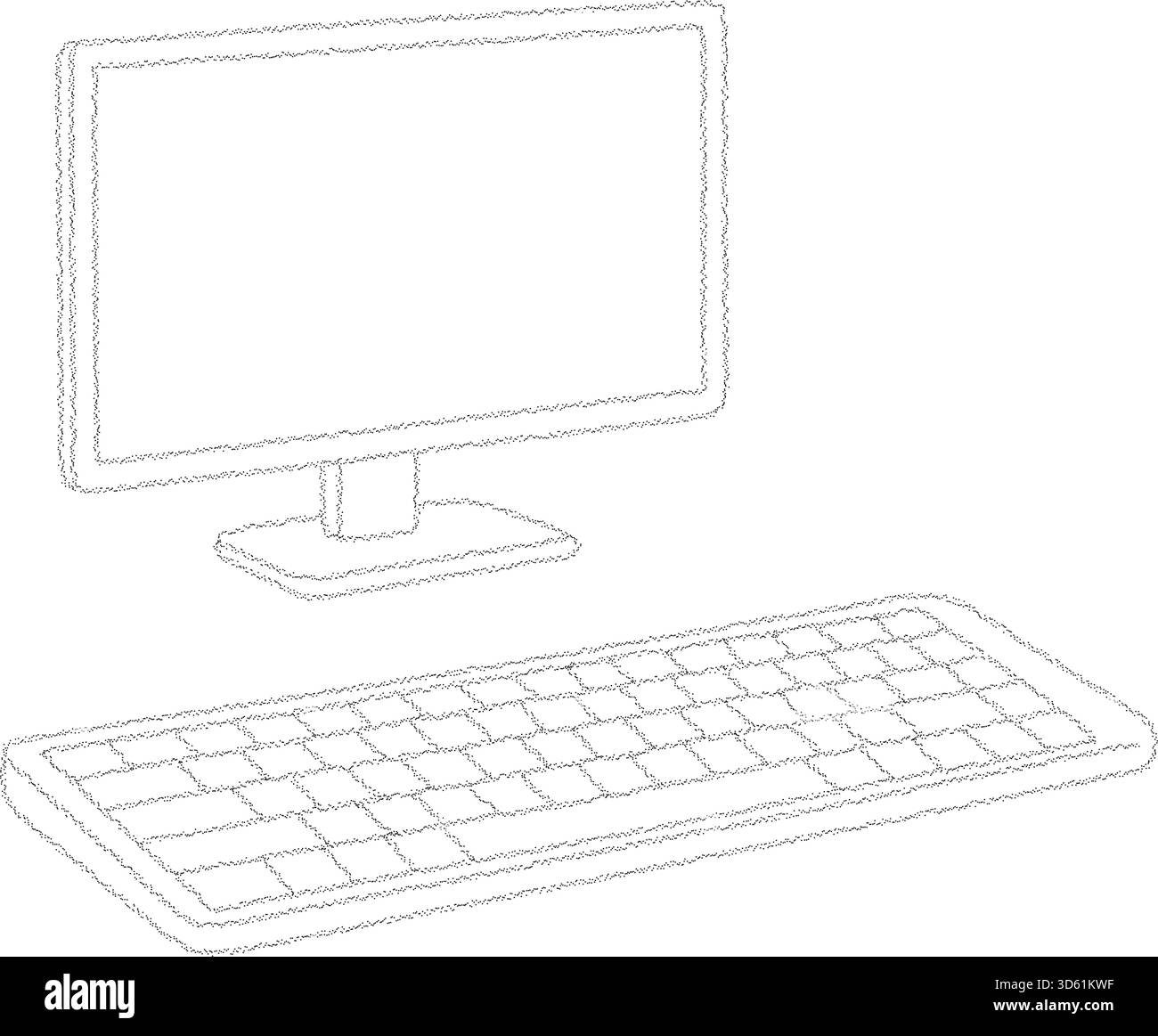 Ein Computermonitor auf dem Ständer mit Tastatur in voller Größe, gerendert in gepunktetem Stil für technische Layouts Stock Vektor