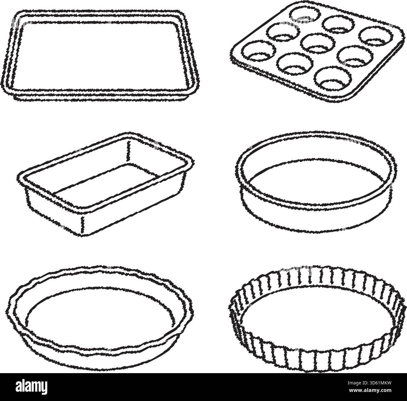 Eine Sammlung von Backblechen Muffin Blech Brotform und runde Kuchenformen, die als Illustration der Küchenwerkzeuge angeordnet sind Stock Vektor