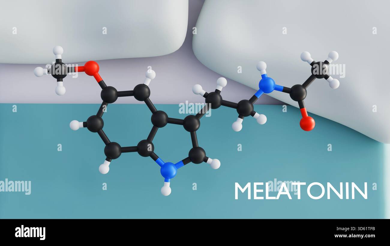 3D-Darstellung von Melatonin, dem Schlafhormon. Ein weicher Betthintergrund deutet auf seine Rolle bei der zirkadianen Rhythmusregulation hin. Stockfoto