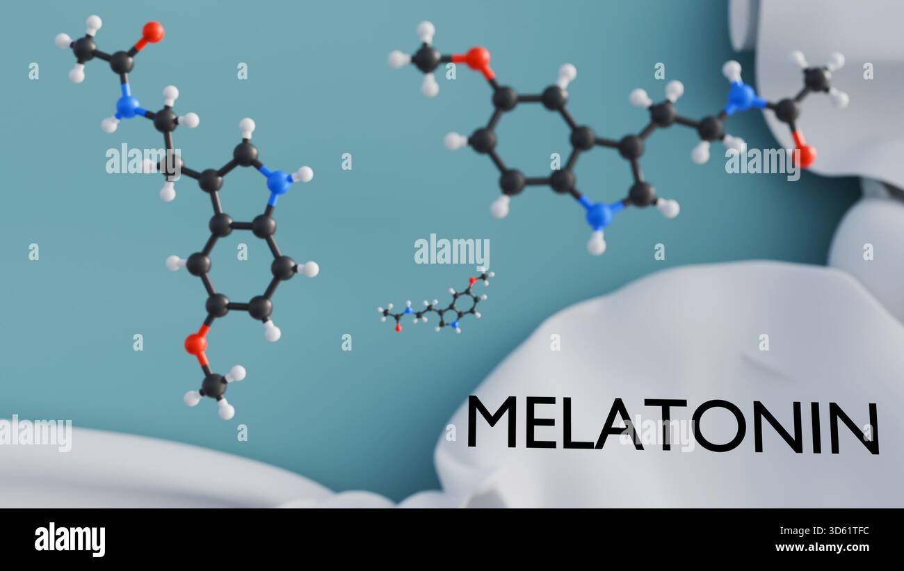 3D-Darstellung von Melatonin, dem Schlafhormon. Ein weicher Betthintergrund deutet auf seine Rolle bei der zirkadianen Rhythmusregulation hin. Stockfoto