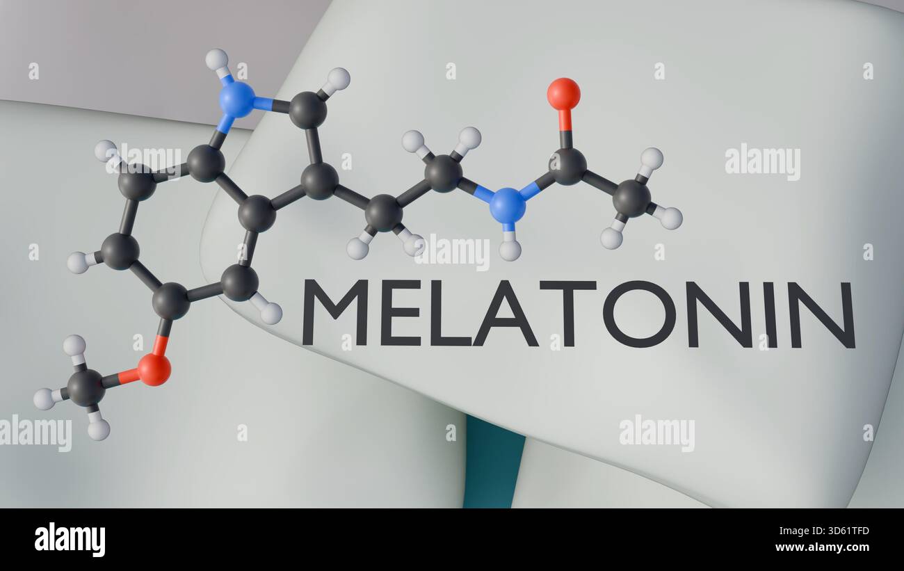 3D-Darstellung von Melatonin, dem Schlafhormon. Ein weicher Betthintergrund deutet auf seine Rolle bei der zirkadianen Rhythmusregulation hin. Stockfoto