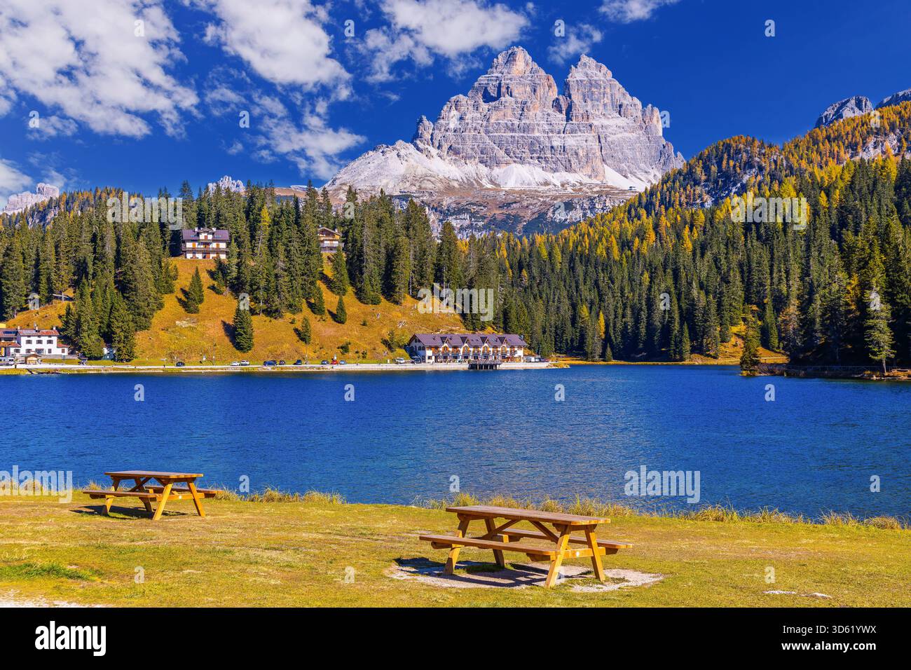 Tre Cime di Lavaredo, Italien. Misurinasee und Sexten Dolomiten oder Sexten Dolomiten, Südtirol, Alpen. Stockfoto