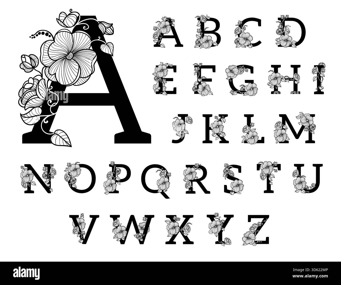 Dekorative botanische Schriftart. Sanftes Blumenalphabet, elegante Vintage-Großbuchstaben mit Blumen und Blättern für Einladungen und Monogramme, botanisches Stock Vektor