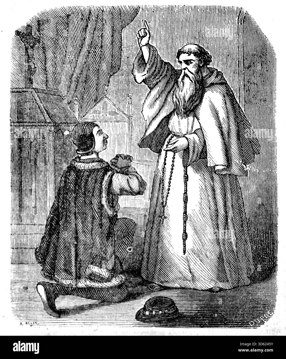 Ludwig XI. Von Frankreich (1423–1483) rief den italienischen Eremiten Franz von Paola auf, um bei Gott für seine Heilung Fürsprache zu leisten. Der heilige kam 1475 am französischen Hof an, der König starb 1483. Stich, 19. Jahrhundert. Stockfoto