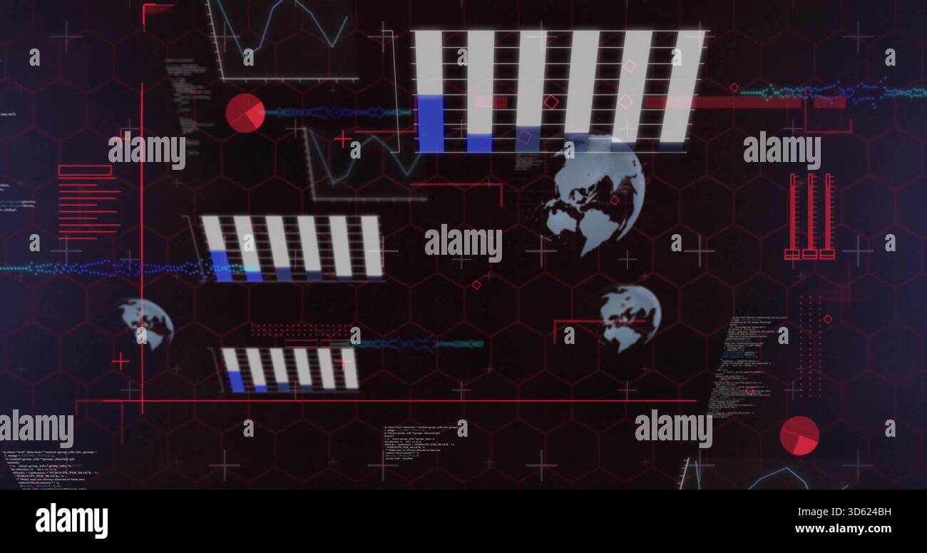 Anzeigen des Datenclusters auf dem Kontroll-HUD, Anzeigen von weißen Balken, Globen, Zyanlinien, roten Knoten, Hexadezimalgitter Stockfoto