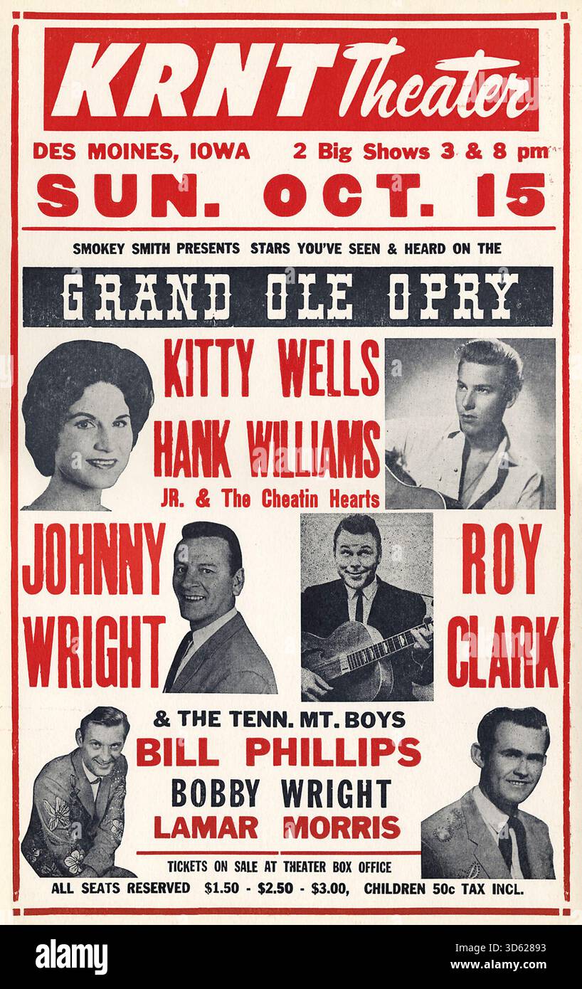 KRNT Theater, Gand Ole Opry – Hank Williams Jr., Kitty Wells, Johnny Wright, Roy Clark, Old Concert Poster, 1967 Stockfoto