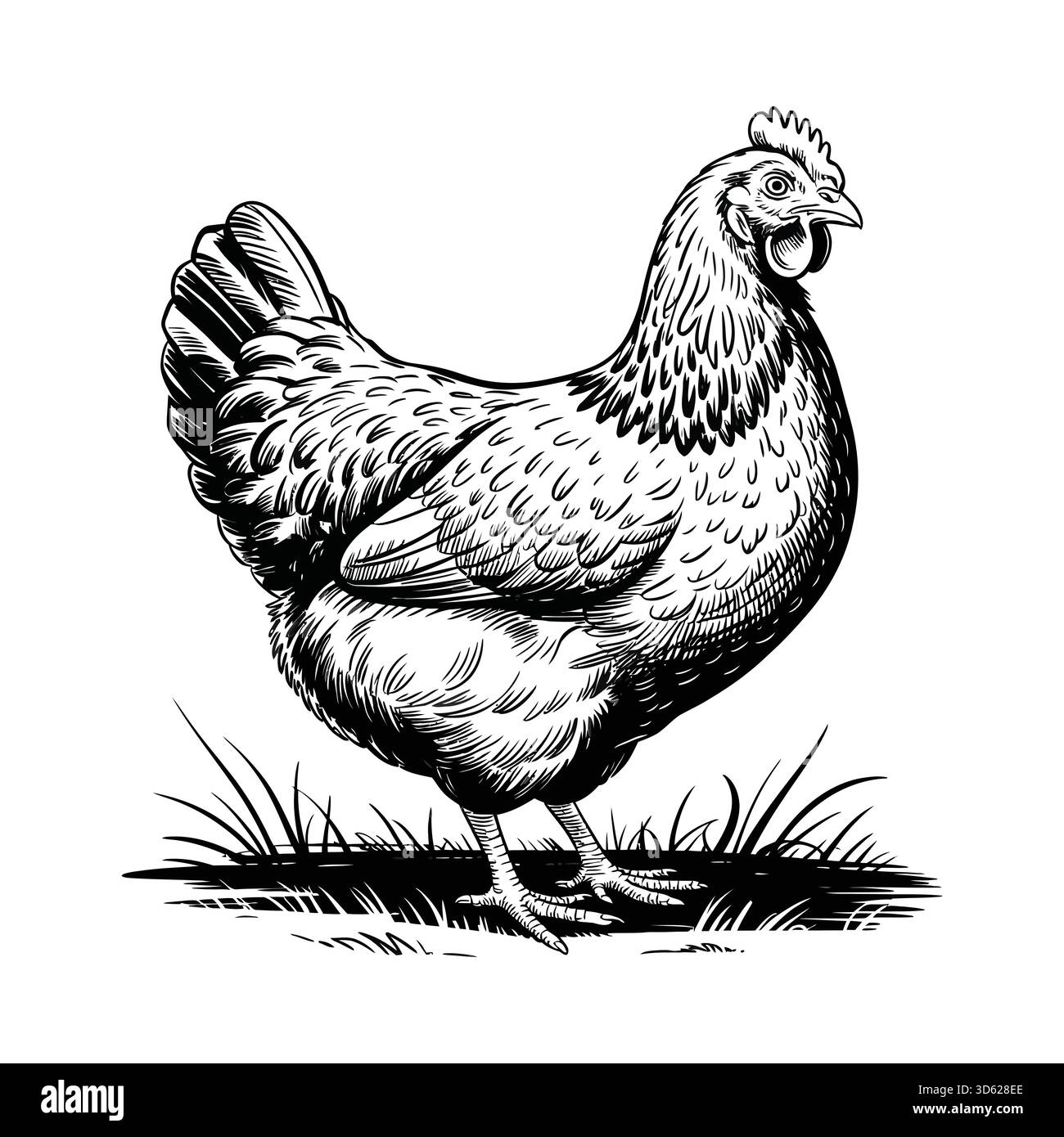Eine Illustration eines Hühnchens im Vintage-Stil, in schwarzer Tinte mit feinen Details gerendert und auf einem Rasenstreifen stehend. Stock Vektor