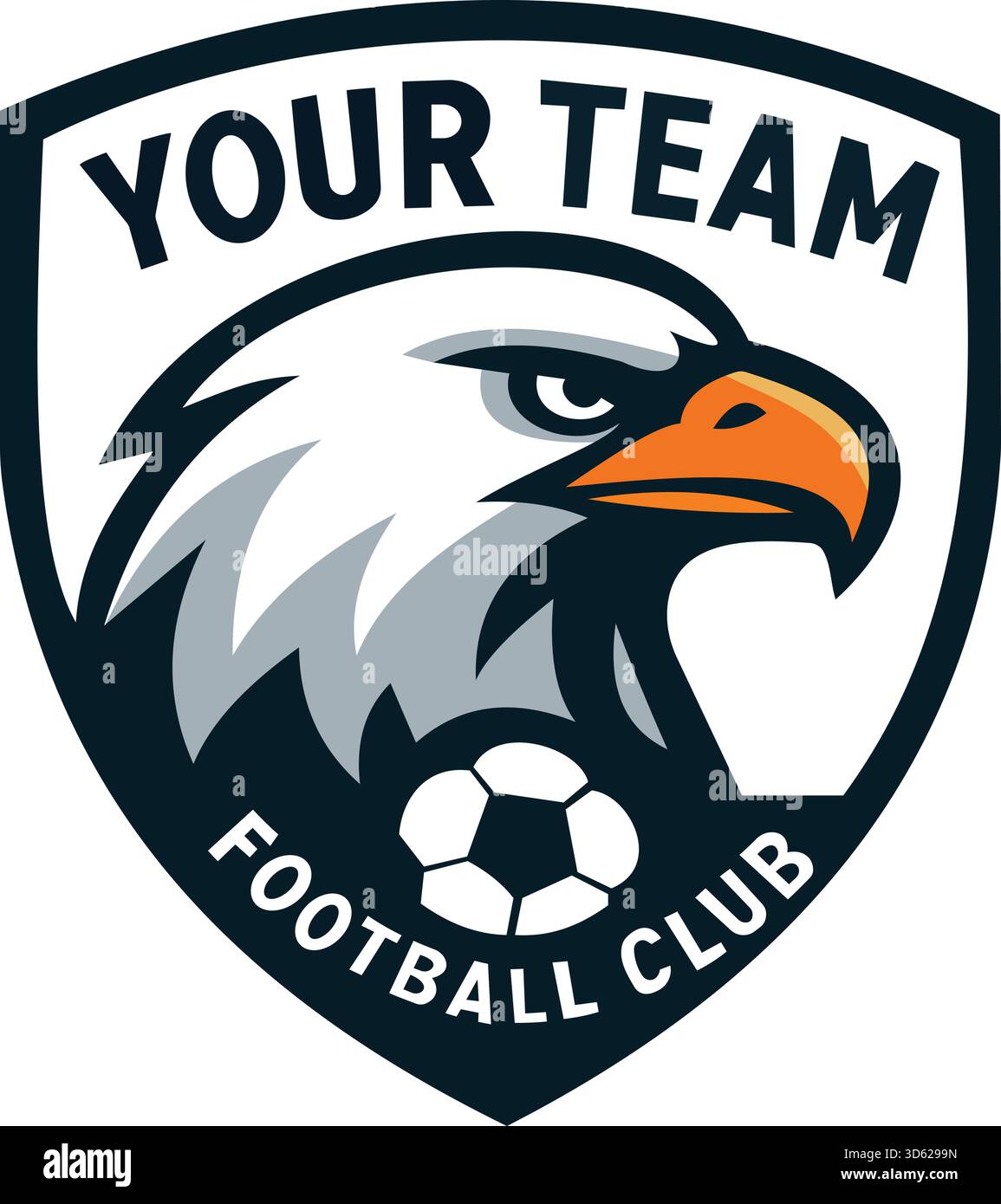 Dieses auffällige Schild-Logo zeigt einen starken Adlerkopf neben einem Fußball, der speziell für einen Fußballverein entwickelt wurde. Das Design enthält Platzhalter für Stock Vektor