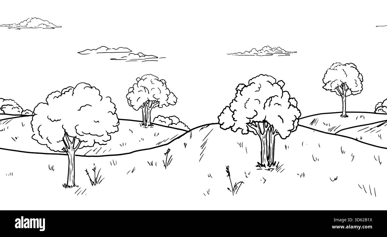 Hügel und Lichtungen, Schwarzweiß-Skizze. Vektorzeichnung. Bäume und Büsche am Horizont, eine nahtlose Grenze isoliert auf einem weißen Hintergrund. Flauschig Stock Vektor