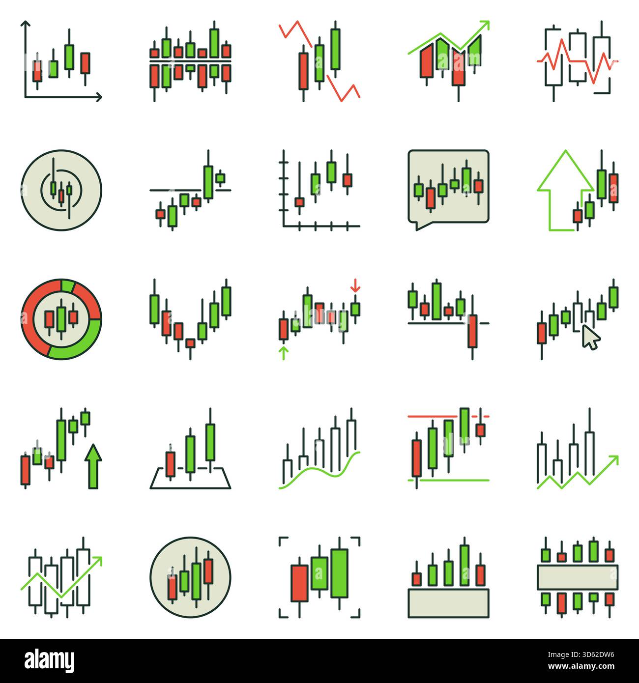 Farbige Symbole für das Trading Candlestick Chart. Symbole für Vektorkonzepte der technischen Analyse oder des Investitionsdiagramms für Händler Stock Vektor