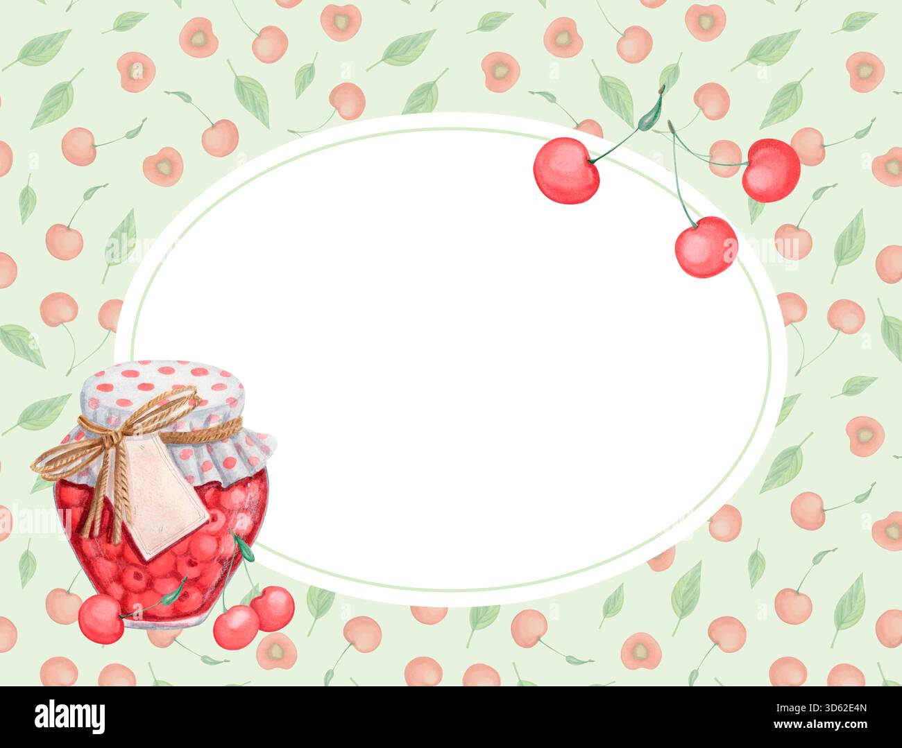 Etikett mit Kirschmarmelade in Wasserfarben mit Marmeladenglas, frischen Beeren und Blättern Stockfoto