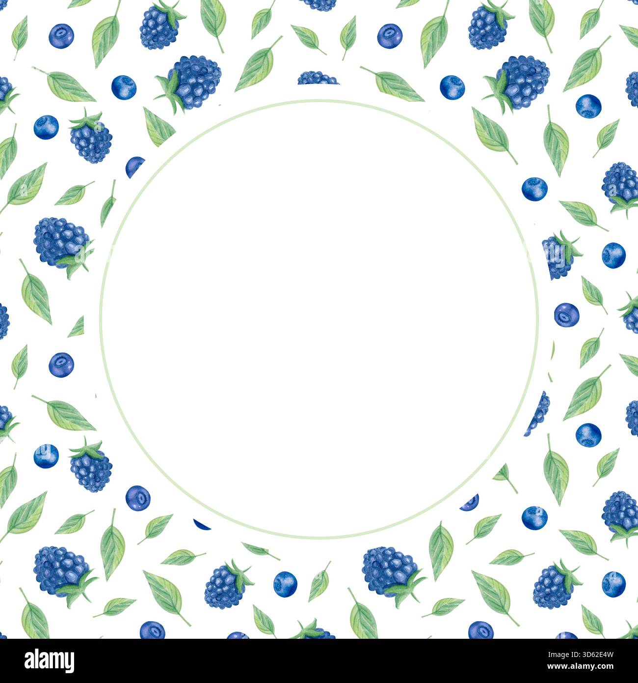Rahmen mit Blaubeeren und brombeeren in Aquarellen, runder botanischer Rand Stockfoto